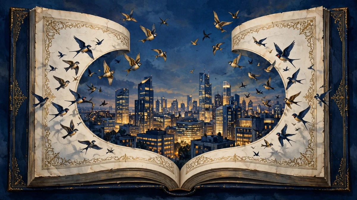 An open book revealing a modern city skyline at dusk with birds flying from the pages