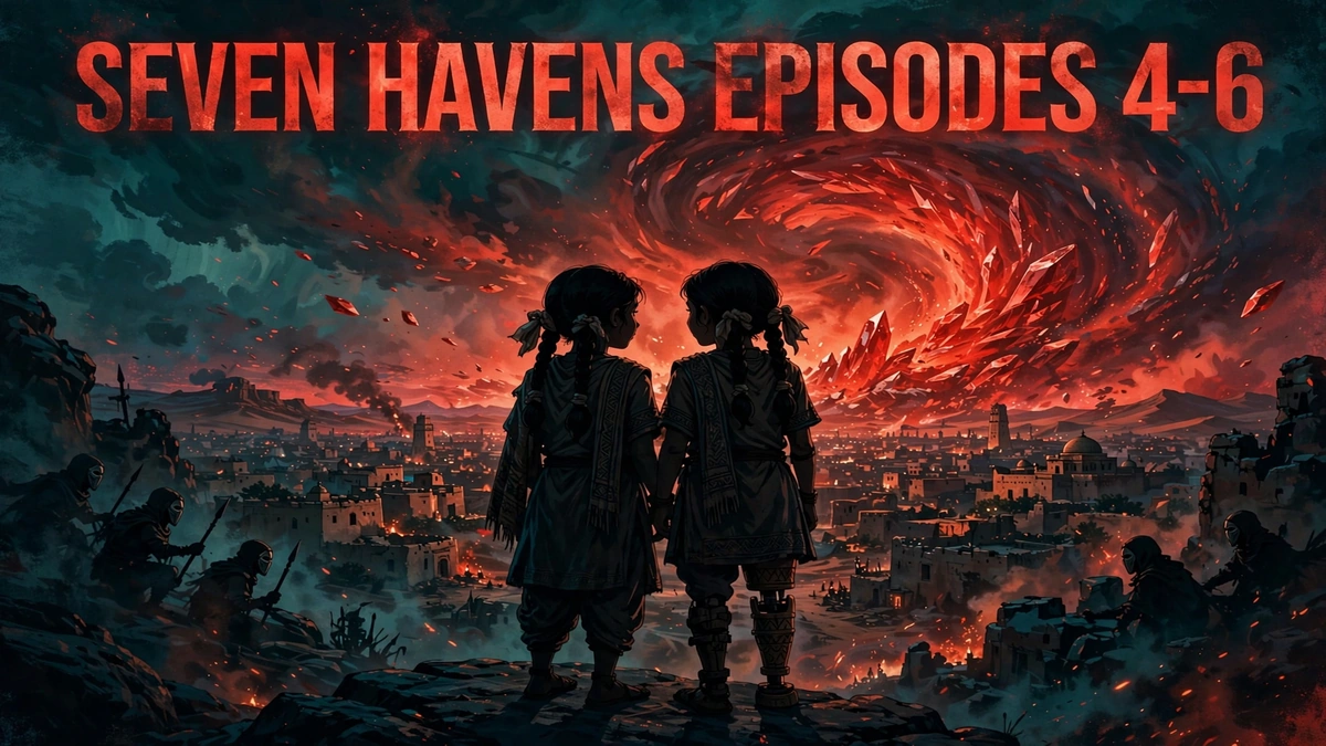 Original editorial illustration of twin girls Pavi and Nisha facing a swirling red crystal anomaly over a desert city, with masked raiders at the edges, titled 'Seven Havens Episodes 4-6'