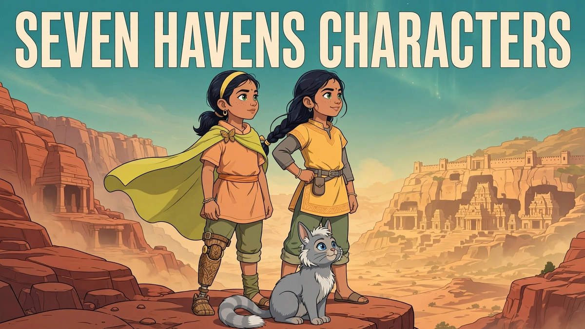 Original editorial illustration of the Seven Havens twin Avatars Pavi and Nisha — Pavi with her wooden prosthetic leg — and their cat-monkey companion overlooking the canyon city of Ellora