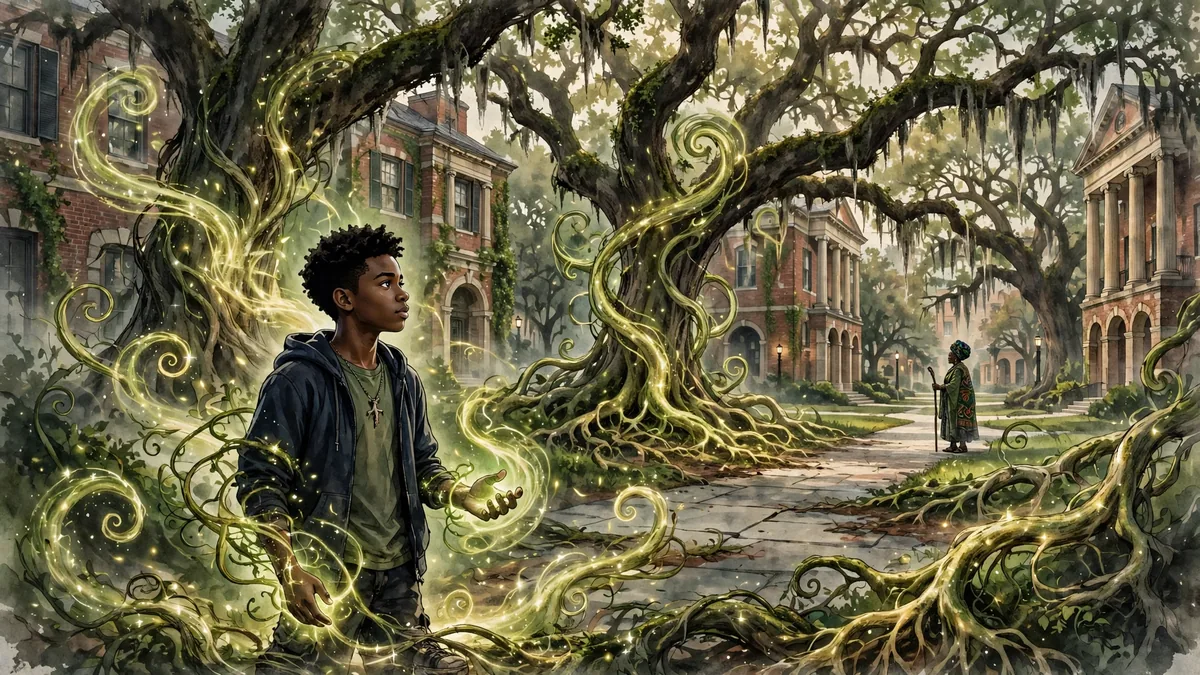 Illustration of a young Black student with conjure magic on a Louisiana university campus