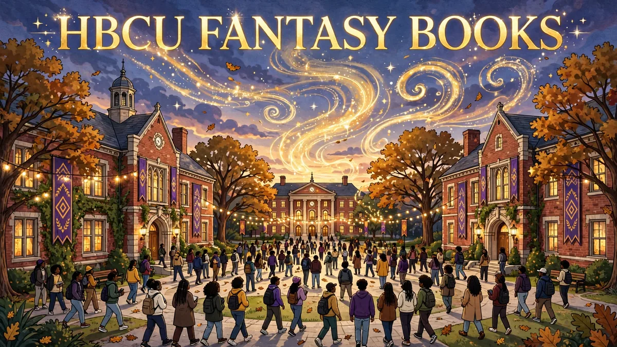 Illustration of a magical historically Black university campus at dusk with students on the quad