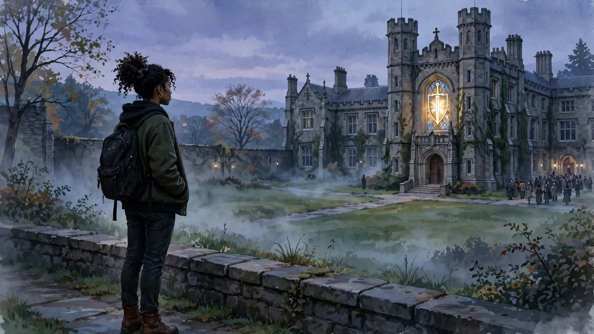 Illustration of a lone young Black student facing a grand old university building with a glowing emblem
