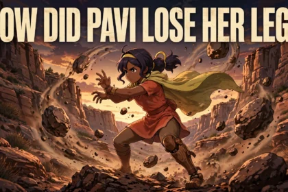 Original editorial illustration of Pavi, the nine-year-old earthbender Avatar, earthbending with a wooden prosthetic replacing her lower left leg, with the title text 'How Did Pavi Lose Her Leg?'