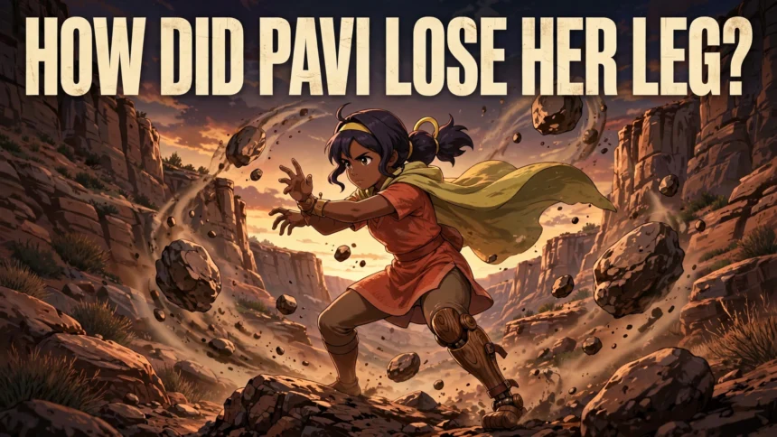 Original editorial illustration of Pavi, the nine-year-old earthbender Avatar, earthbending with a wooden prosthetic replacing her lower left leg, with the title text 'How Did Pavi Lose Her Leg?'