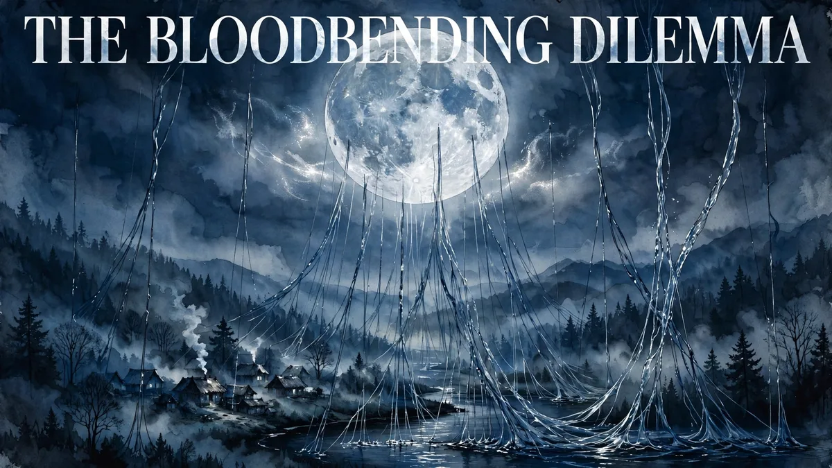 Original illustration of thin threads of water rising like puppet strings beneath a full moon over a misty village