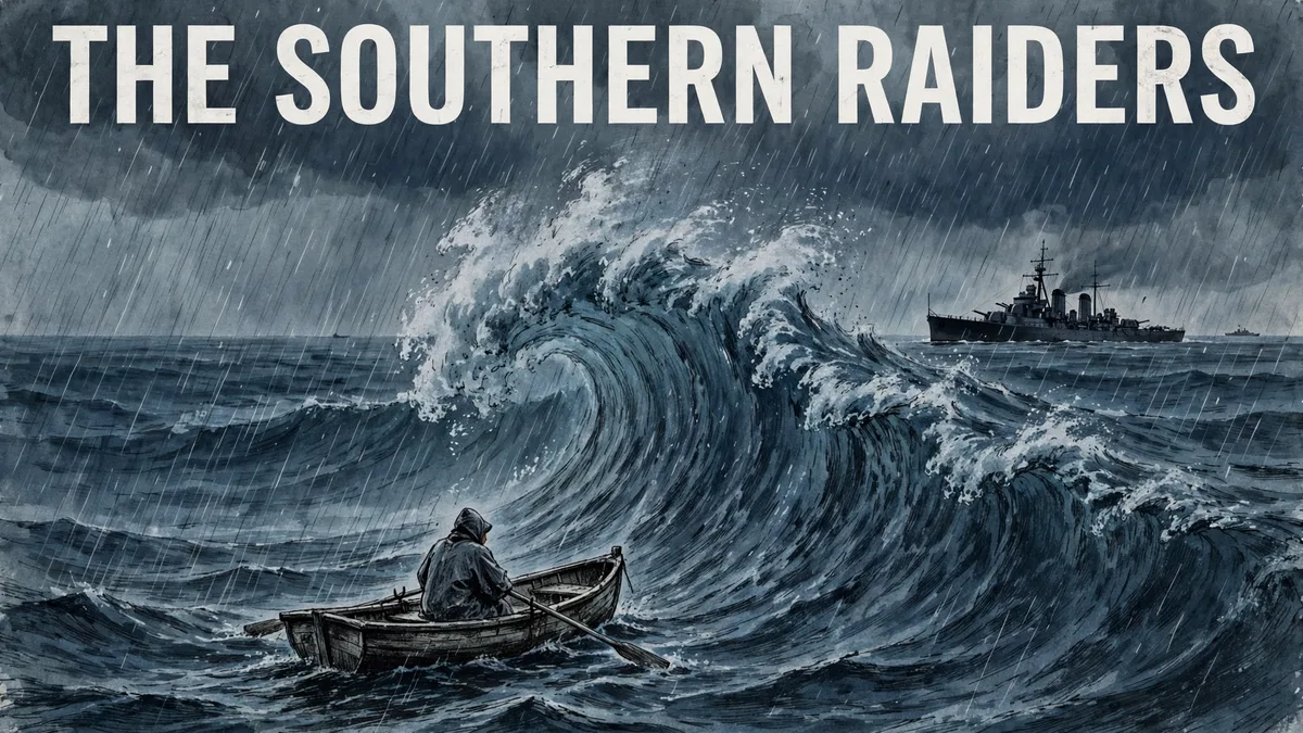 Original illustration of a lone figure in a small boat on a storm-dark sea facing a distant warship