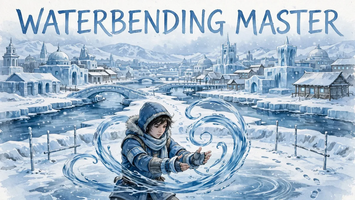 Original illustration of a young waterbender practicing flowing water forms in an icy northern city