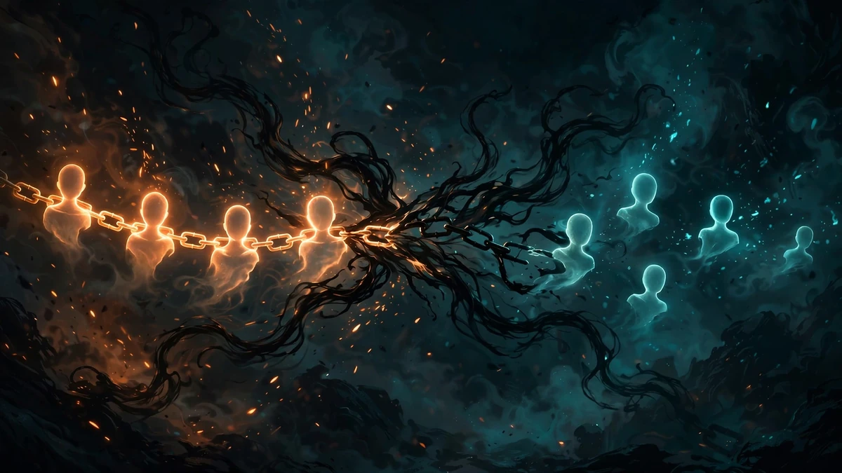 Illustration of a chain of glowing spirit silhouettes breaking apart amid dark tendrils