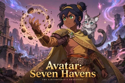 AI-generated illustration of Pavi the earthbender with Geet the cat-monkey on her shoulder, Avatar: Seven Havens (unofficial artwork)
