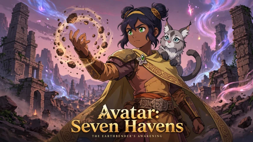 AI-generated illustration of Pavi the earthbender with Geet the cat-monkey on her shoulder, Avatar: Seven Havens (unofficial artwork)