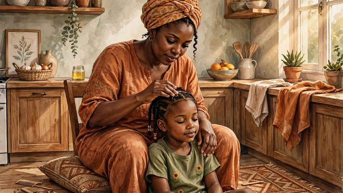 Illustration of a mother greasing her young daughter's scalp in a warm kitchen, a generational hair ritual