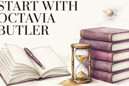 Editorial illustration of stacked hardcover books with a cracked hourglass and distant planet motifs, with the text 'Start With Octavia Butler'