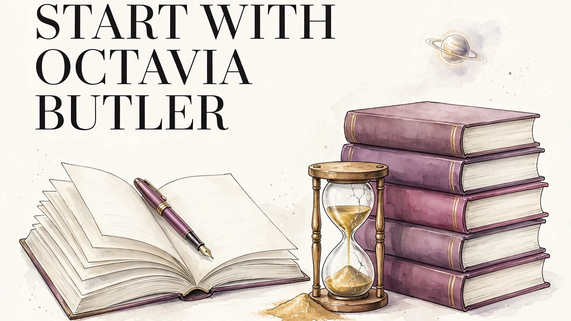 Editorial illustration of stacked hardcover books with a cracked hourglass and distant planet motifs, with the text 'Start With Octavia Butler'