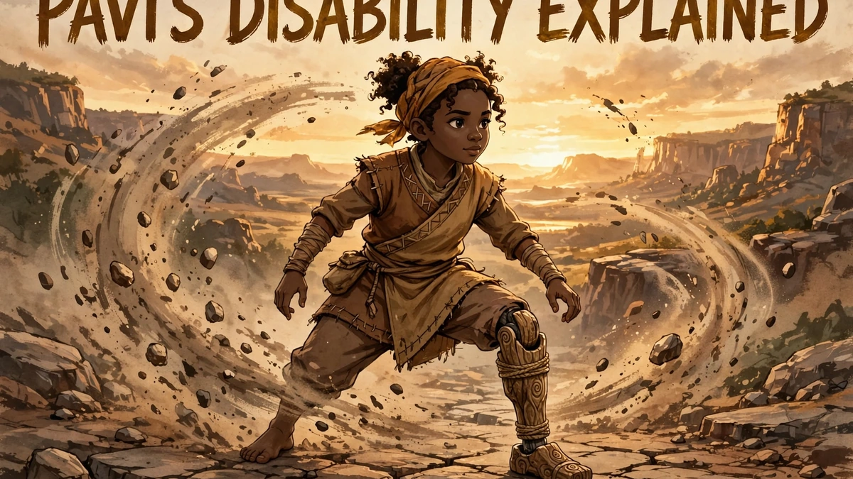 Illustration of Pavi, a young Black amputee earthbender with a wooden prosthetic leg, in a bending stance