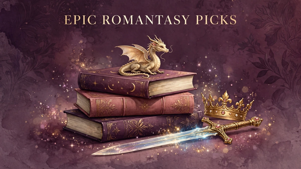 Editorial illustration of a stack of fantasy books with a small dragon, a golden crown, and a glowing sword