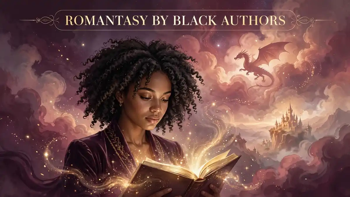 Editorial illustration of a young Black woman reading a glowing fantasy book beneath a dragon and a faerie castle