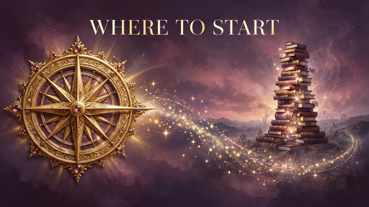 Editorial illustration of a golden compass pointing toward a tall tower of books