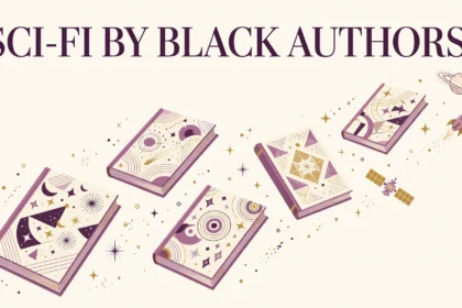 Editorial illustration of hardcover books floating among stars and planets with the text 'Sci-Fi by Black Authors'