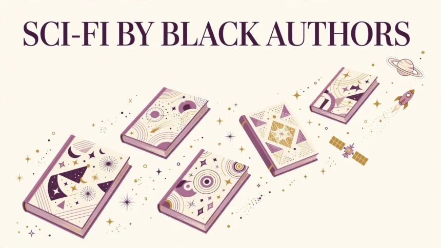 Editorial illustration of hardcover books floating among stars and planets with the text 'Sci-Fi by Black Authors'