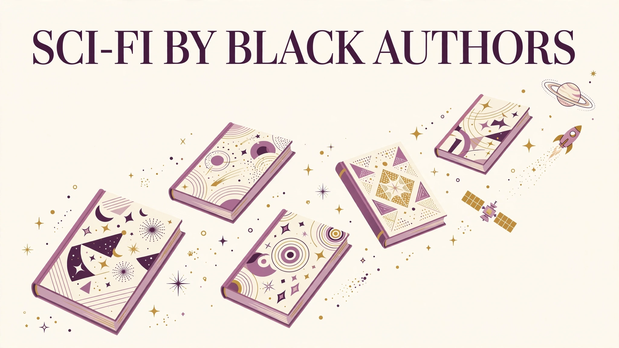 Editorial illustration of hardcover books floating among stars and planets with the text 'Sci-Fi by Black Authors'