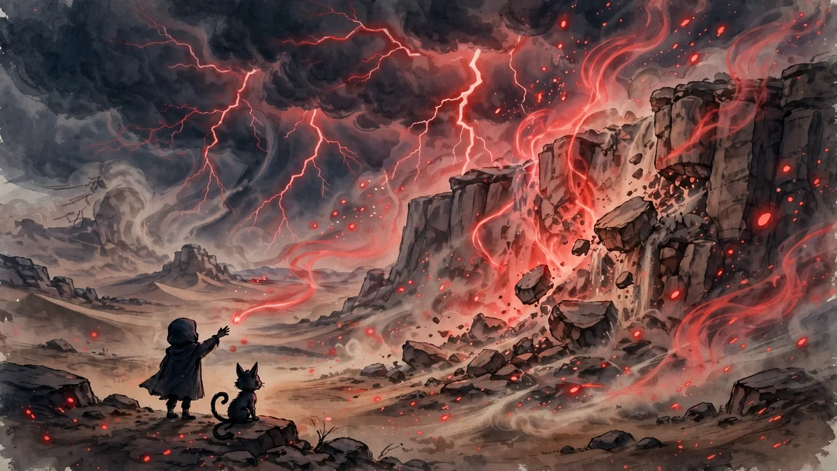 Original illustration of a child silhouette reaching toward a collapsing rockface in a desert storm with red spirit lightning