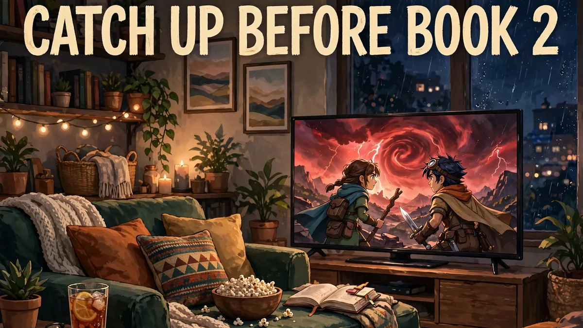 Original fan illustration of a cozy living room with a TV showing an animated adventure scene, text reads Catch Up Before Book 2