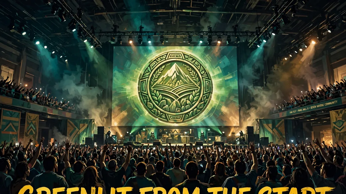 Original fan illustration of a cheering convention hall with an earth emblem on screen, text reads Greenlit From the Start