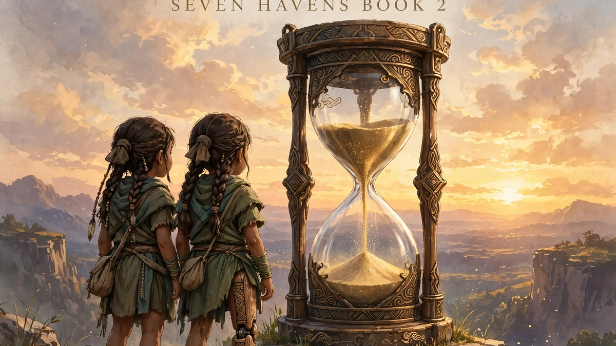 Original fan illustration of twin girls watching an hourglass at sunset, text reads Seven Havens Book 2