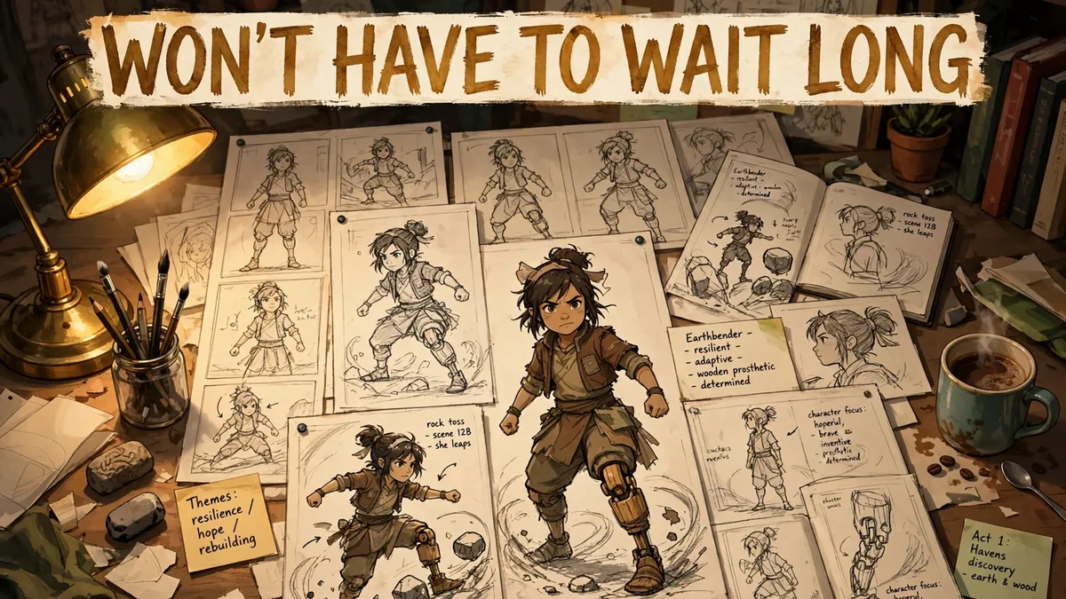 Original fan illustration of an animation desk with storyboards and character sketches, text reads Won't Have To Wait Long