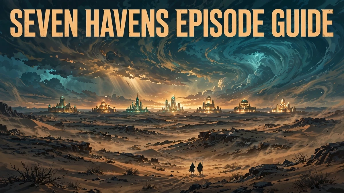 Original editorial illustration of the Seven Havens desert landscape with the seven glowing city-havens on the horizon