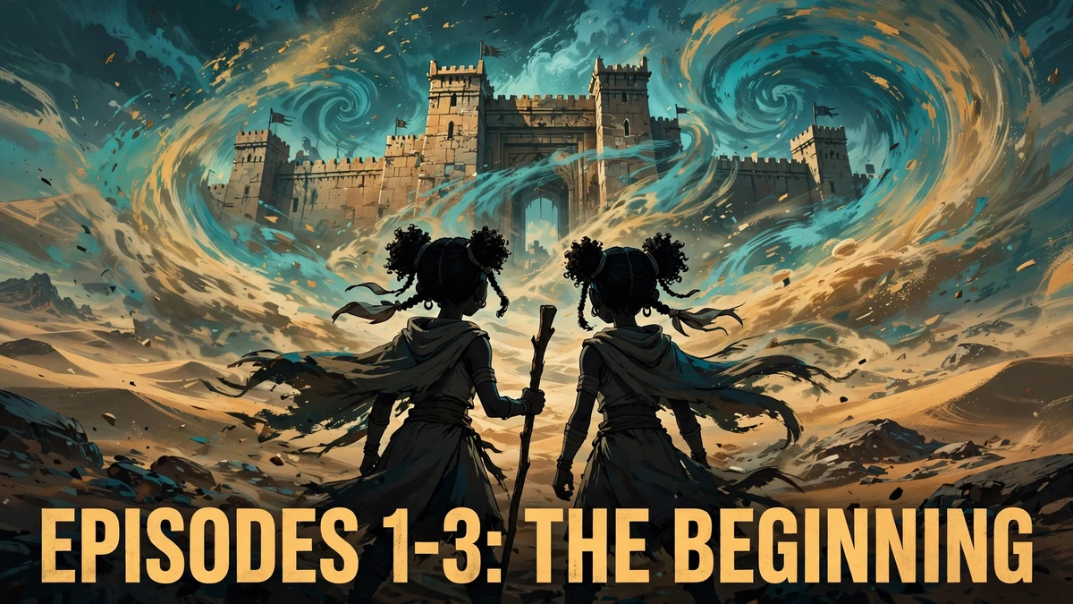 Original editorial illustration of twin silhouettes in a sandstorm outside a desert city gate