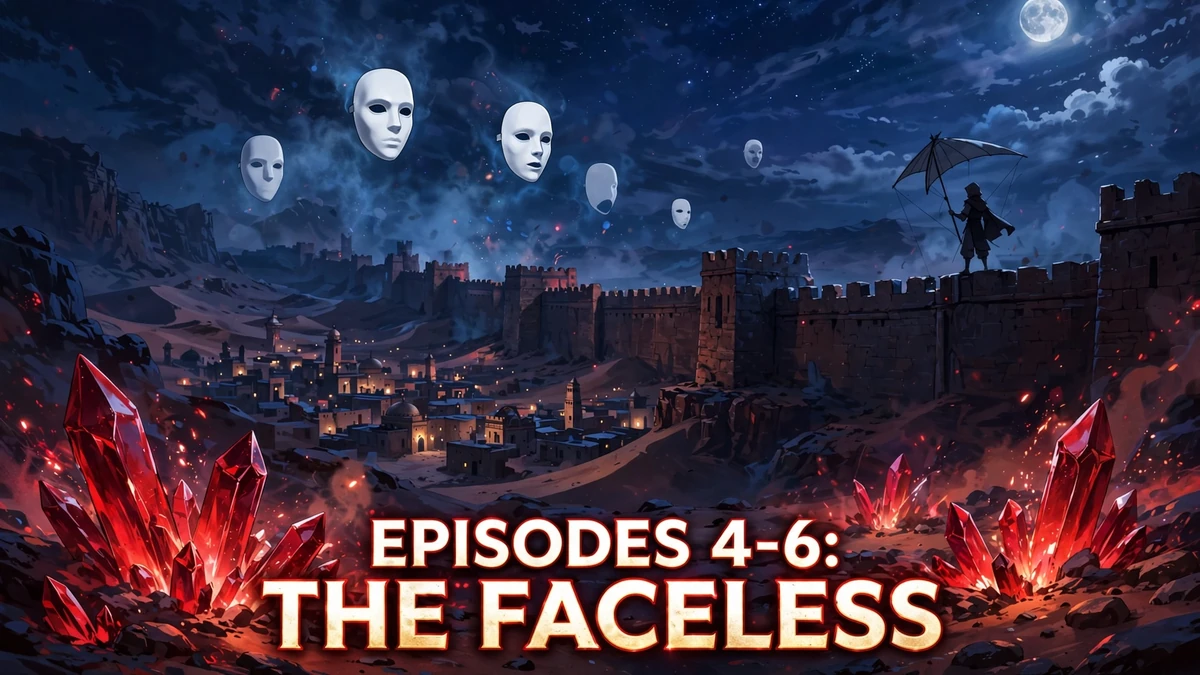 Original editorial illustration of blank white masks floating above a moonlit desert city wall