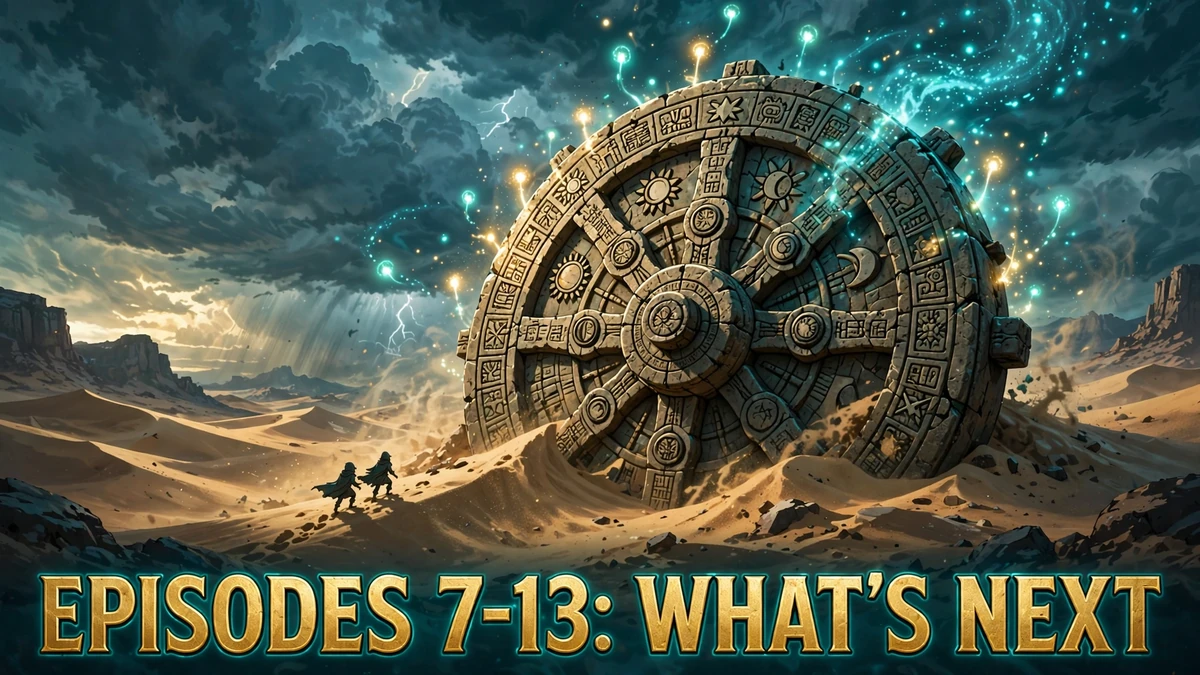 Original editorial illustration of an ancient stone calendar wheel half-buried in desert sand under a stormy sky