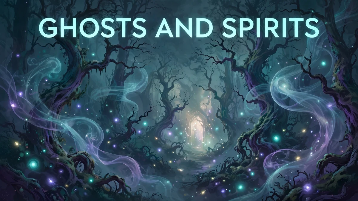 Illustration of spirit-world wisps and ghostly figures for the Seven Havens episode Ghosts and Spirits