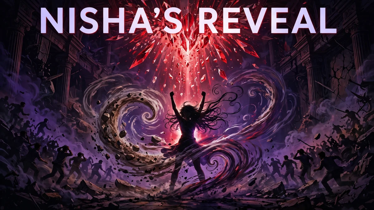 Illustration of a heroine silhouette revealing herself amid swirling elements as a crowd recoils
