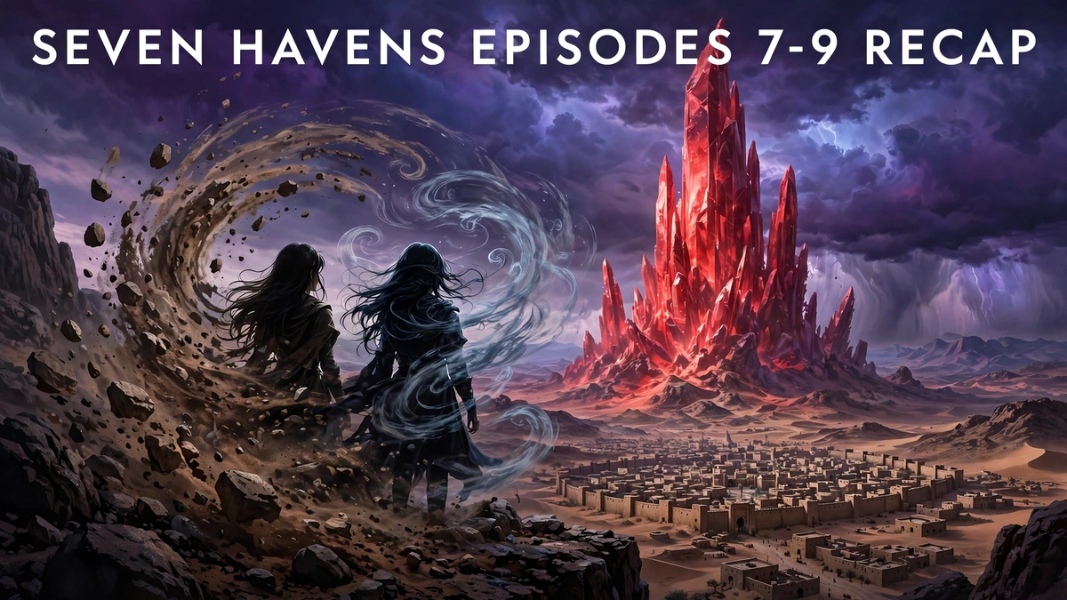 Illustration of the twin Avatars Pavi and Nisha before a rising red crystal for the Seven Havens episodes 7 to 9 recap