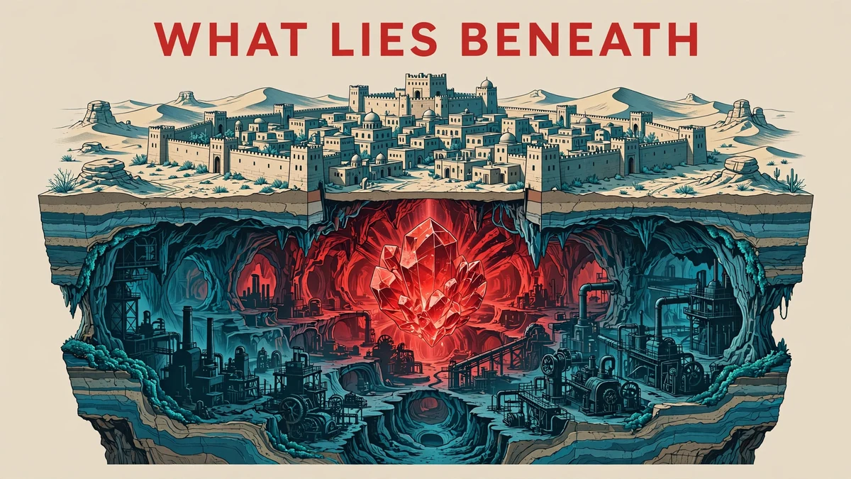 Illustration of tunnels and a red crystal beneath the walled city of Ellora for What Lies Beneath