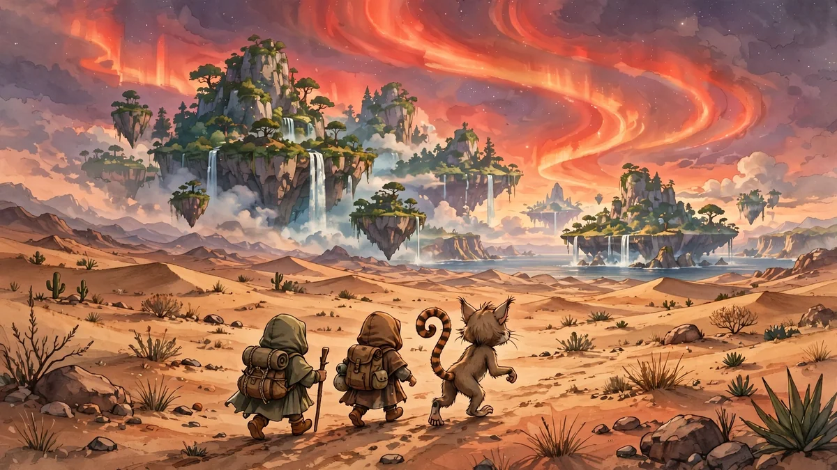 Original illustration of two small travelling figures and a cat-monkey crossing a desert toward distant floating coastal islands under a red-orange aurora