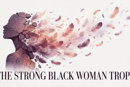 Editorial illustration of a stone silhouette dissolving into feathers, titled The Strong Black Woman Trope