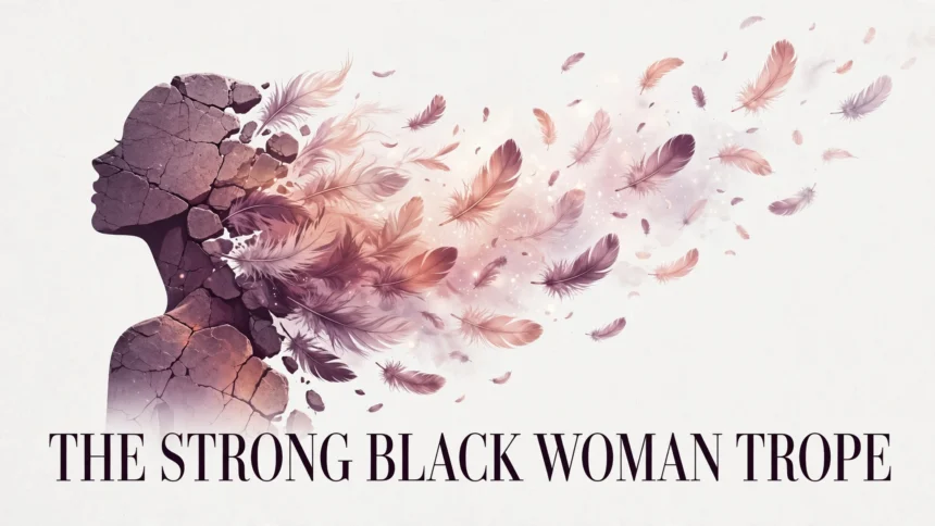 Editorial illustration of a stone silhouette dissolving into feathers, titled The Strong Black Woman Trope