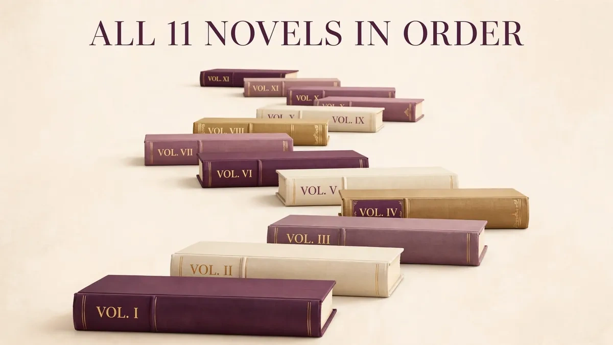 Editorial illustration of eleven hardcover volumes in chronological order for a Toni Morrison reading list