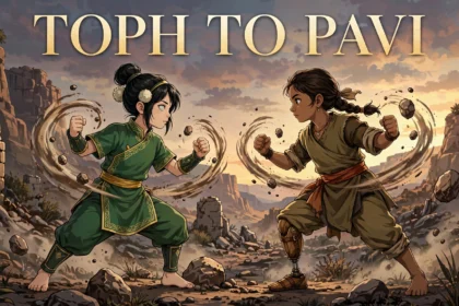 Original editorial illustration of Toph Beifong and Pavi facing each other in earthbending stances, titled 'Toph to Pavi'