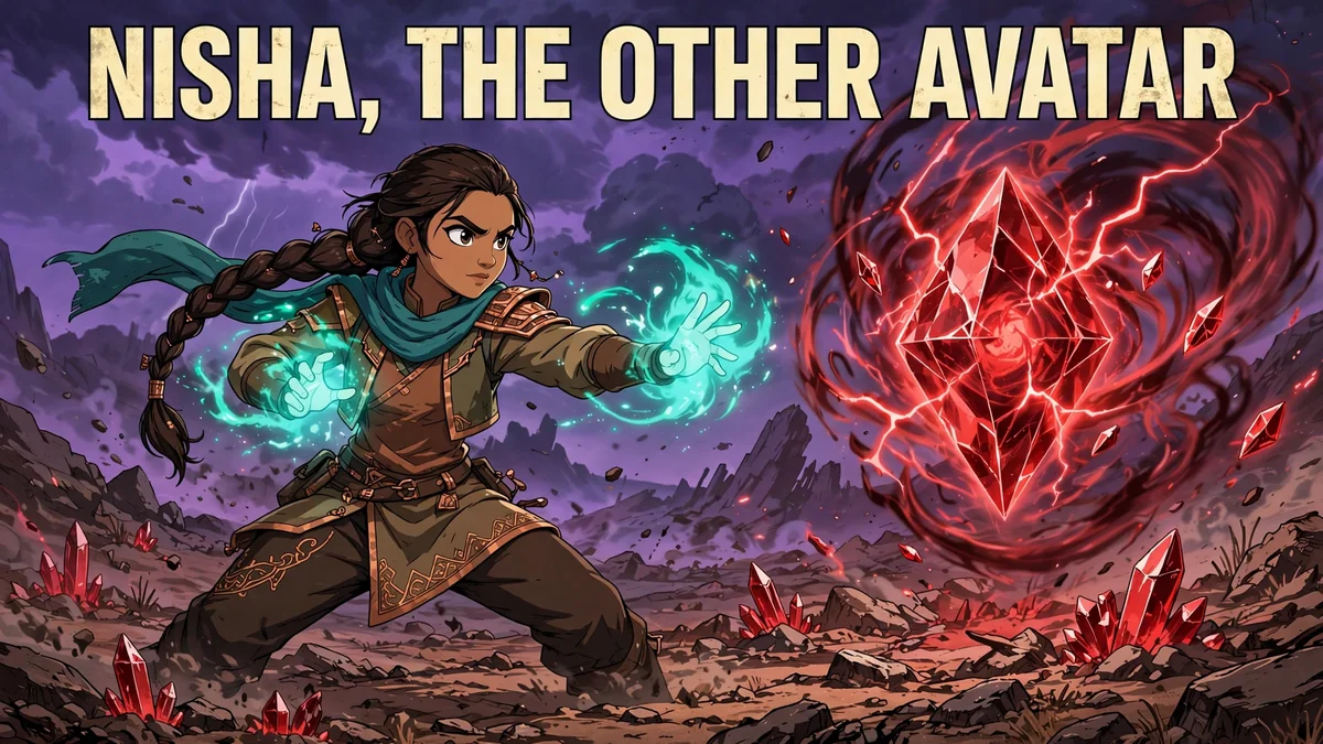 Original editorial illustration of Nisha energy-bending before the swirling red crystal Anomaly in the wasteland