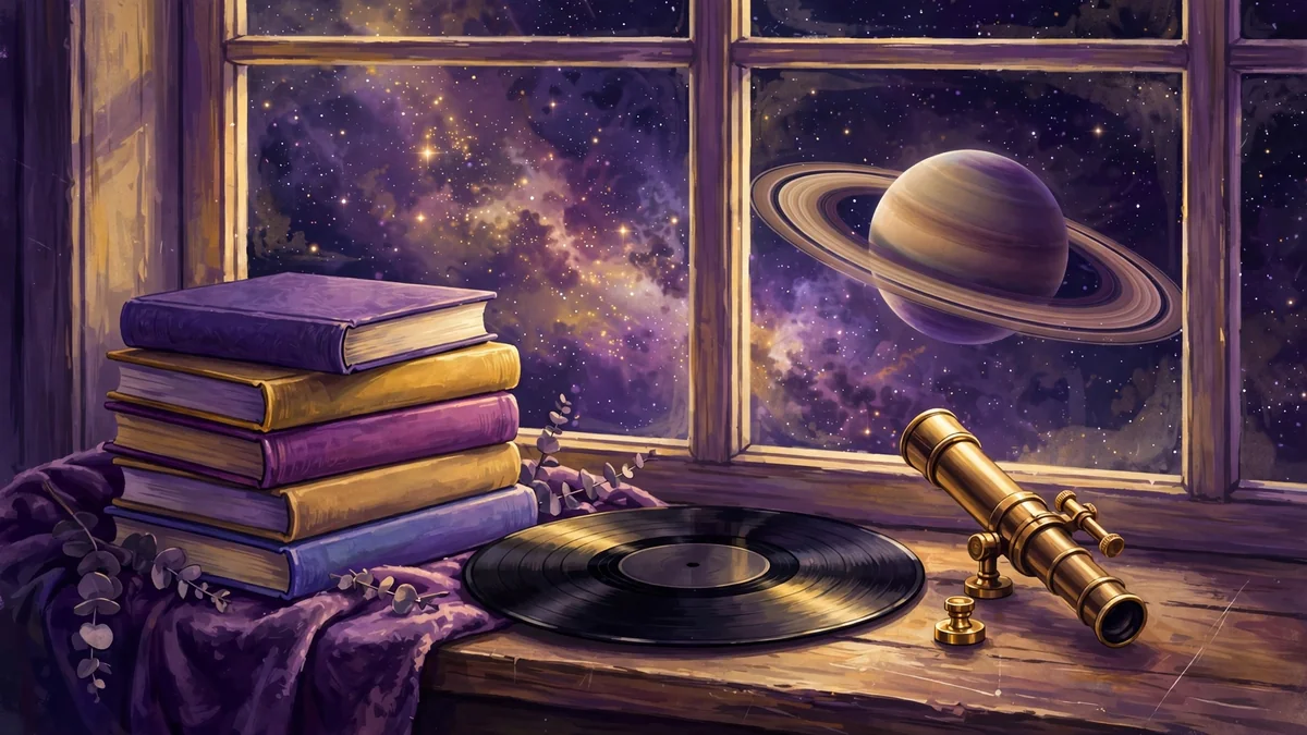 A stack of books, a vinyl record, and a brass telescope on a windowsill beneath a starry sky