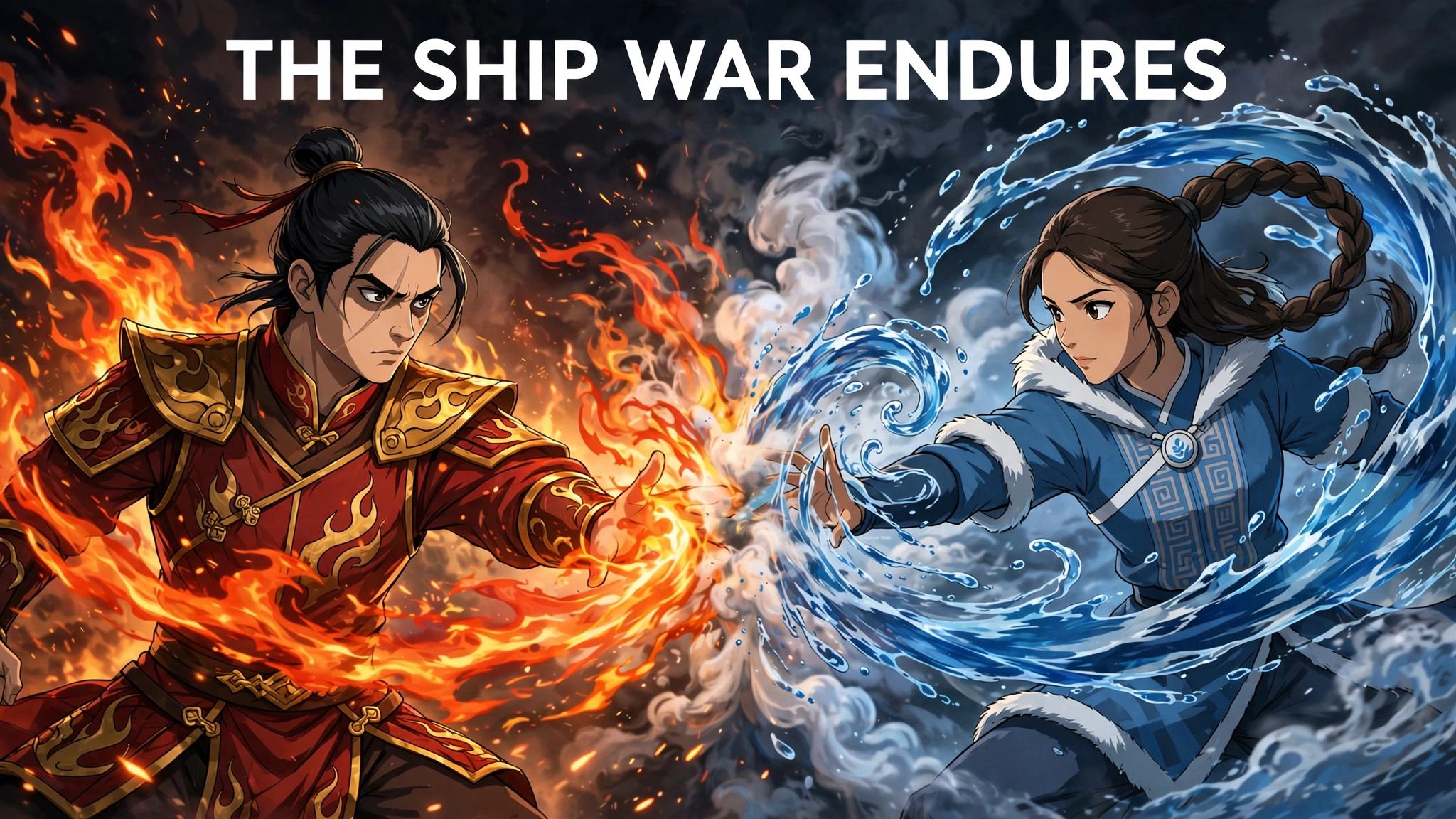 Original editorial illustration of a firebending prince figure and a waterbending young woman clashing fire and water beneath the headline 'The Ship War Endures'